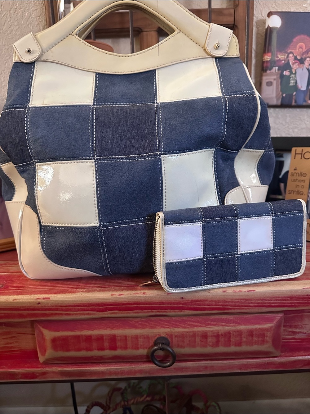 Liz Claiborne Vintage Navy and Cream Patchwork Tote with Matching Wallet